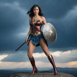 Superhero Wonder Woman confidently posing with her shield and lasso in a power stance against a dramatic sky.