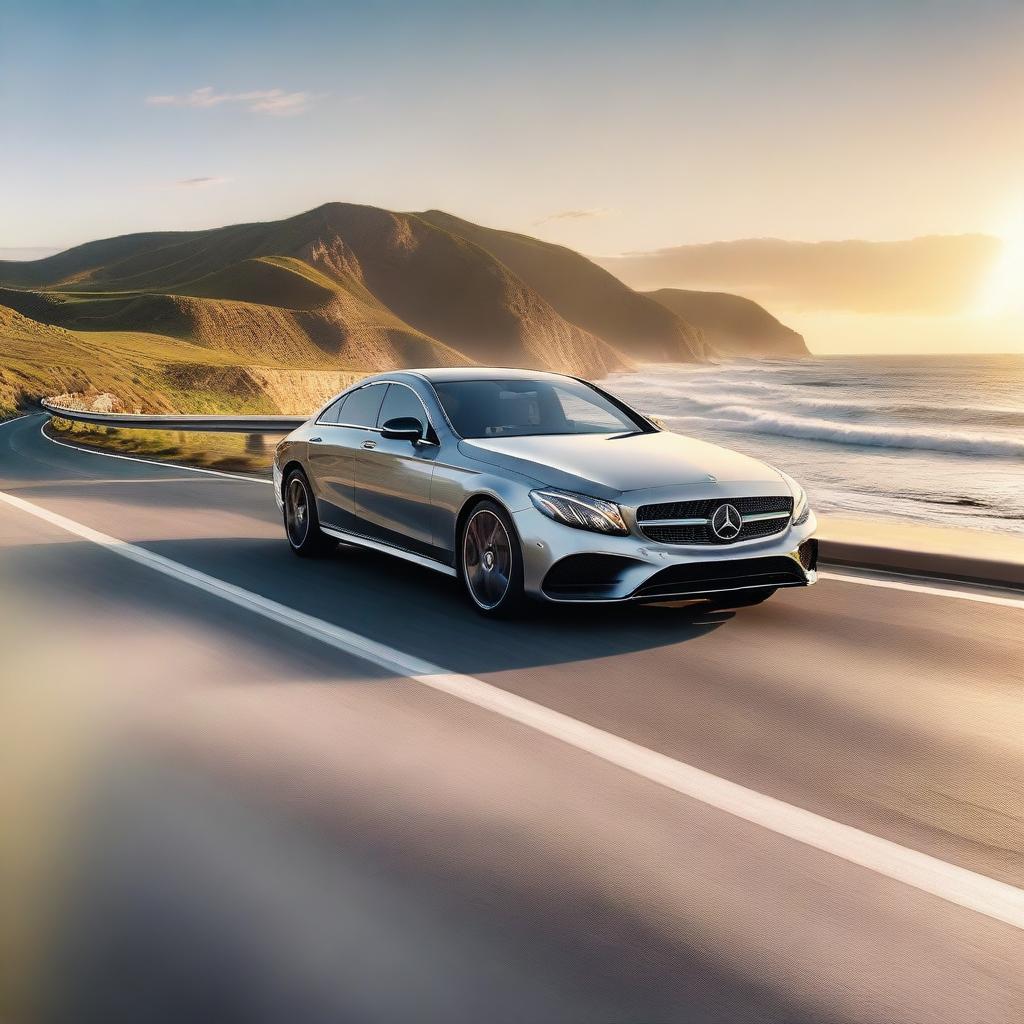 A sleek and modern Mercedes-Benz car driving down a scenic coastal highway