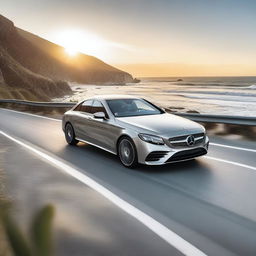 A sleek and modern Mercedes-Benz car driving down a scenic coastal highway