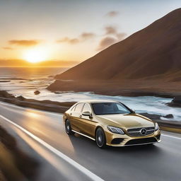 A sleek and modern Mercedes-Benz car driving down a scenic coastal highway