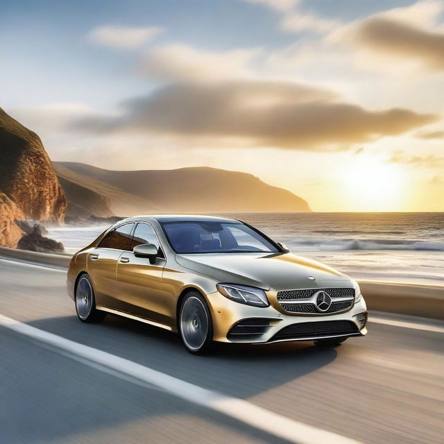 A sleek and modern Mercedes-Benz car driving down a scenic coastal highway