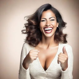 A sexy woman laughing and pointing at the viewer