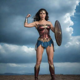 Superhero Wonder Woman confidently posing with her shield and lasso in a power stance against a dramatic sky.