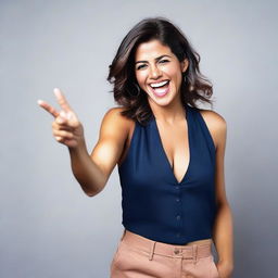 A sexy woman laughing and pointing at the viewer