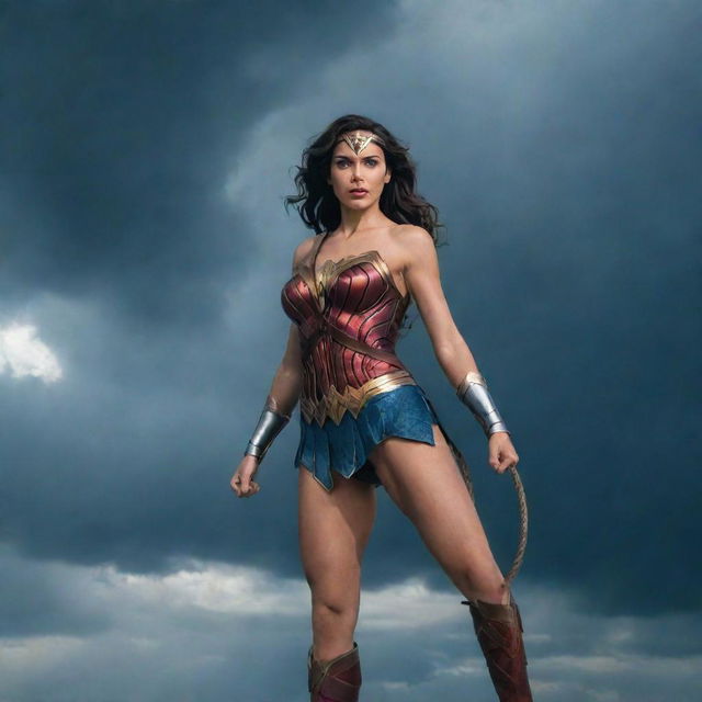 Superhero Wonder Woman confidently posing with her shield and lasso in a power stance against a dramatic sky.