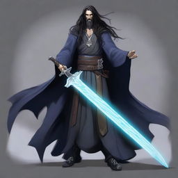 Create an image of Galita, a tall male human necromancer with long black hair, a beard, and soft blue eyes