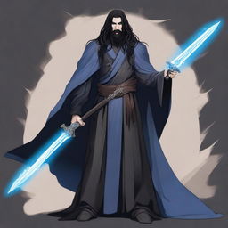 Create an image of Galita, a tall male human necromancer with long black hair, a beard, and soft blue eyes