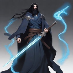 Create an image of Galita, a tall male human necromancer with long black hair, a beard, and soft blue eyes