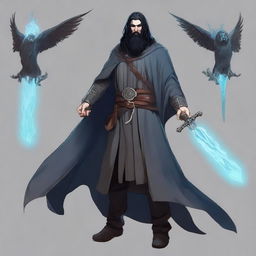 Create an image of Galita, a tall male human necromancer with long black hair, a beard, and soft blue eyes