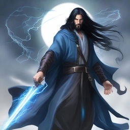 Create an image of Galita, a tall male human storm sorcerer with long black hair, a beard, and soft blue eyes that show a storm gathering within them