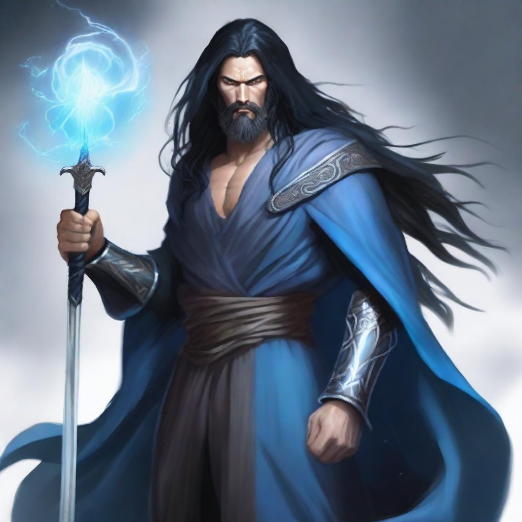 Create an image of Galita, a tall male human storm sorcerer with long black hair, a beard, and soft blue eyes that show a storm gathering within them