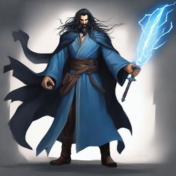 Create an image of Galita, a tall male human storm sorcerer with long black hair, a beard, and soft blue eyes that show a storm gathering within them