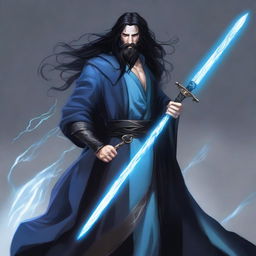 Create an image of Galita, a tall male human storm sorcerer with long black hair, a beard, and soft blue eyes that show a storm gathering within them