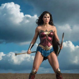 Superhero Wonder Woman confidently posing with her shield and lasso in a power stance against a dramatic sky.