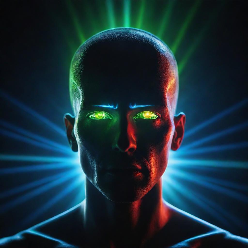 A head illuminated by vibrant laser lights in a dark environment, creating an intense and futuristic atmosphere.