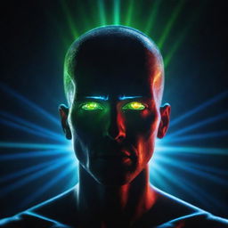 A head illuminated by vibrant laser lights in a dark environment, creating an intense and futuristic atmosphere.