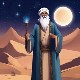 A detailed illustration of an Arabic wizard, wearing traditional Middle Eastern robes and a turban