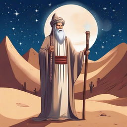 A detailed illustration of an Arabic wizard, wearing traditional Middle Eastern robes and a turban