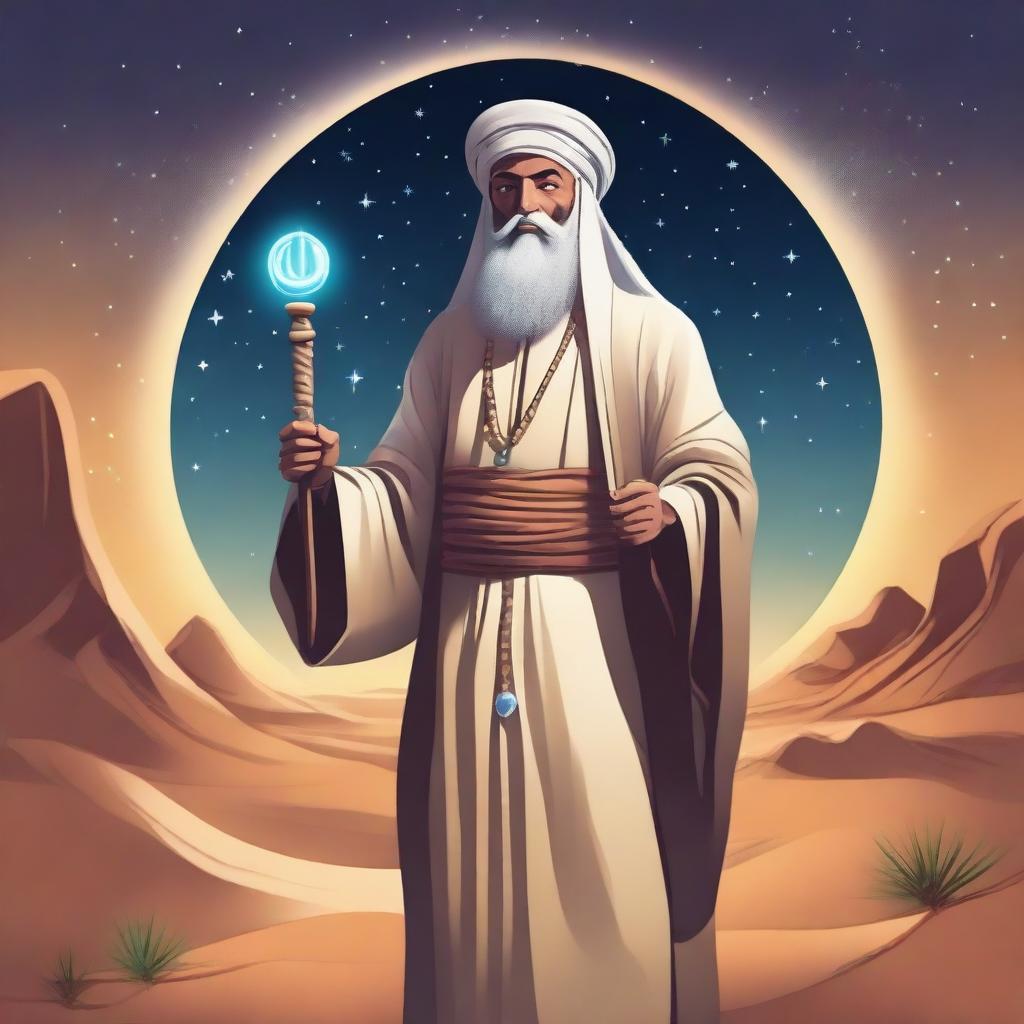 A detailed illustration of an Arabic wizard, wearing traditional Middle Eastern robes and a turban