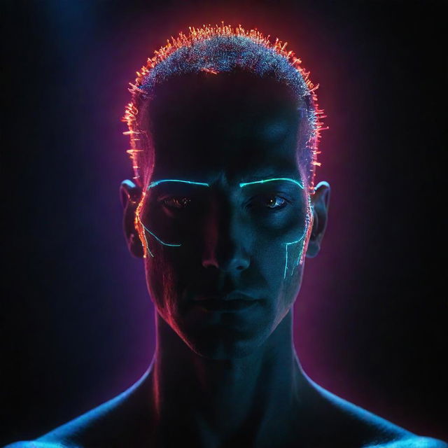 A head illuminated by vibrant laser lights in a dark environment, creating an intense and futuristic atmosphere.