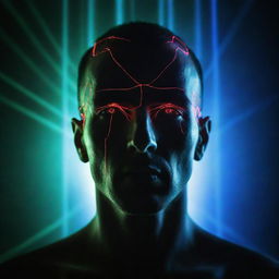 A head illuminated by vibrant laser lights in a dark environment, creating an intense and futuristic atmosphere.