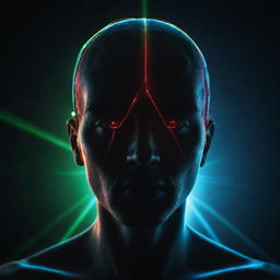 A head illuminated by vibrant laser lights in a dark environment, creating an intense and futuristic atmosphere.