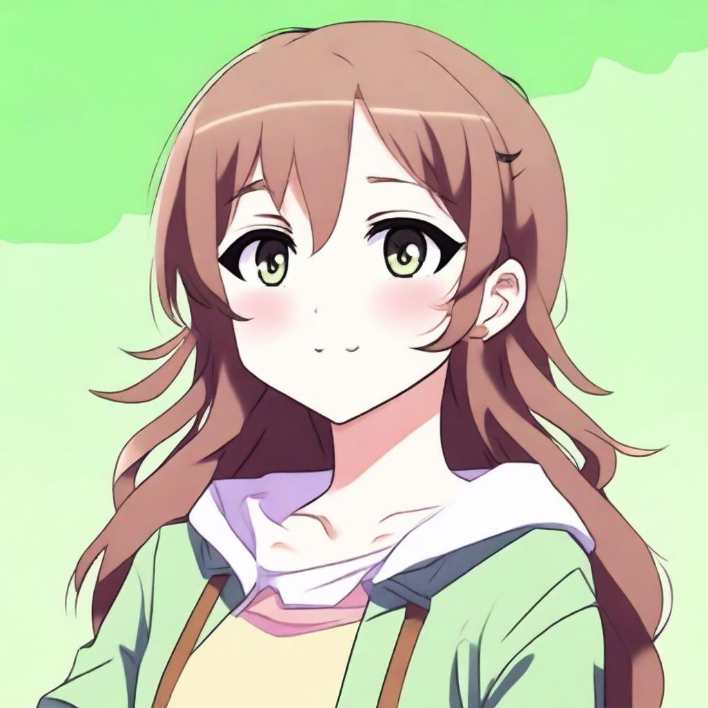 A cute 21-year-old girl with green eyes and brown hair in an anime style