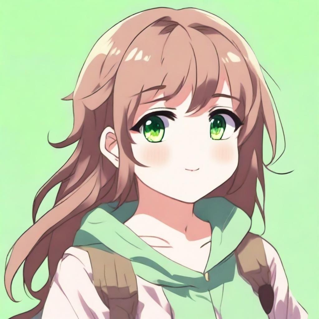 A cute 21-year-old girl with green eyes and brown hair in an anime style