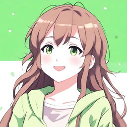 A cute 21-year-old girl with green eyes and brown hair in an anime style