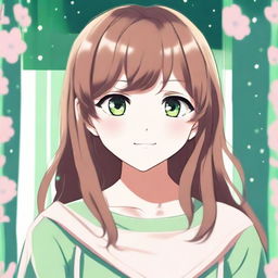 A cute 21-year-old girl with green eyes and brown hair in an anime style