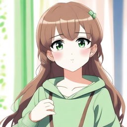 A cute 21-year-old girl with green eyes and brown hair in an anime style