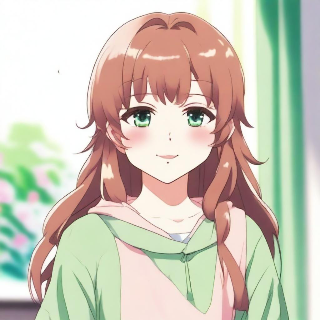 A cute 21-year-old girl with green eyes and brown hair in an anime style