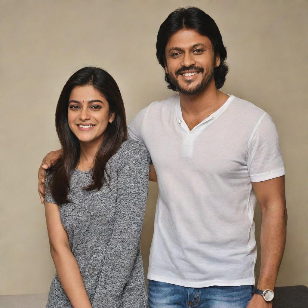 Kajol Agarwal and Kiccha Sudeepa standing together in a casual yet stylish setting, both of them presenting confident smiles.