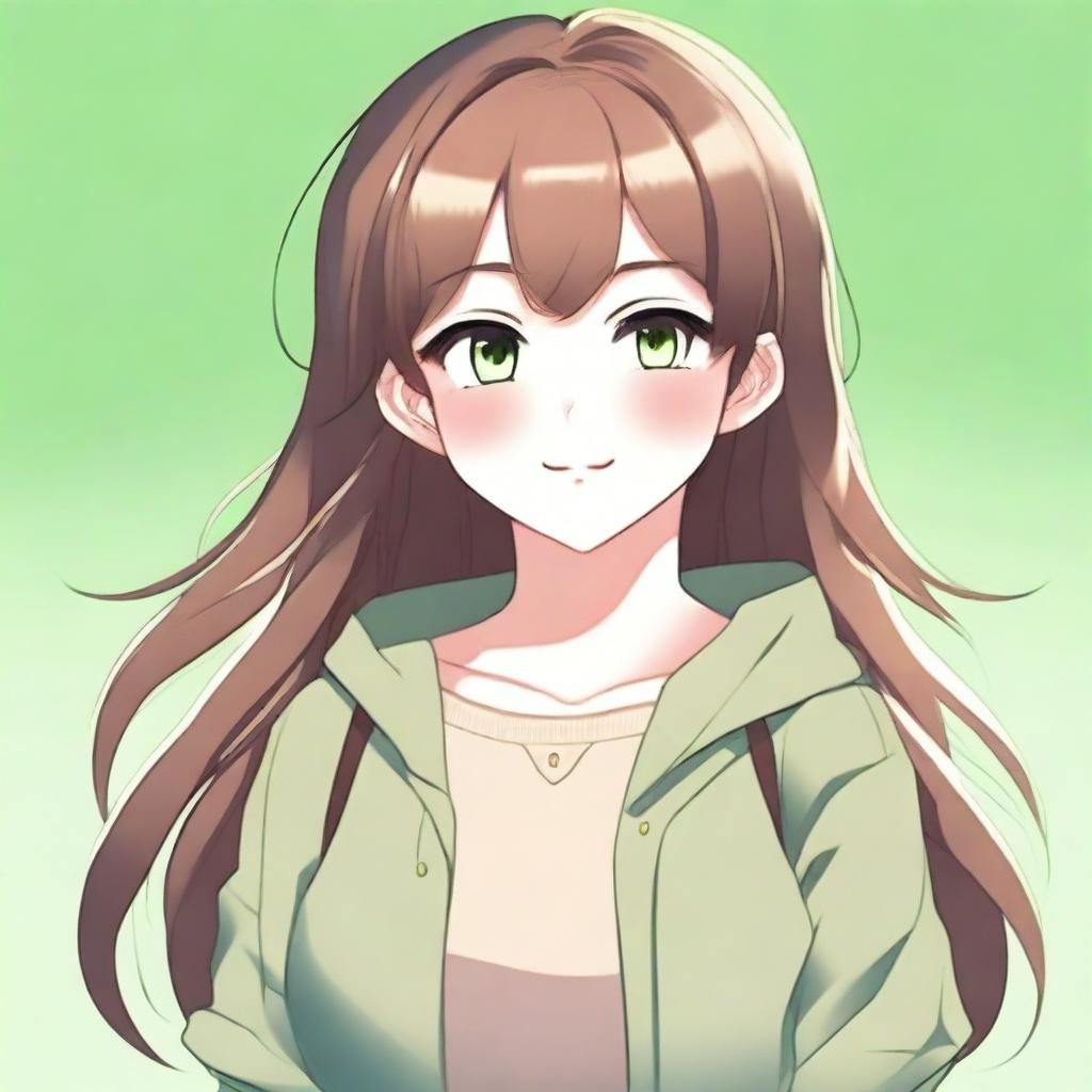 A cute 21-year-old girl with green eyes and brown hair in an anime style