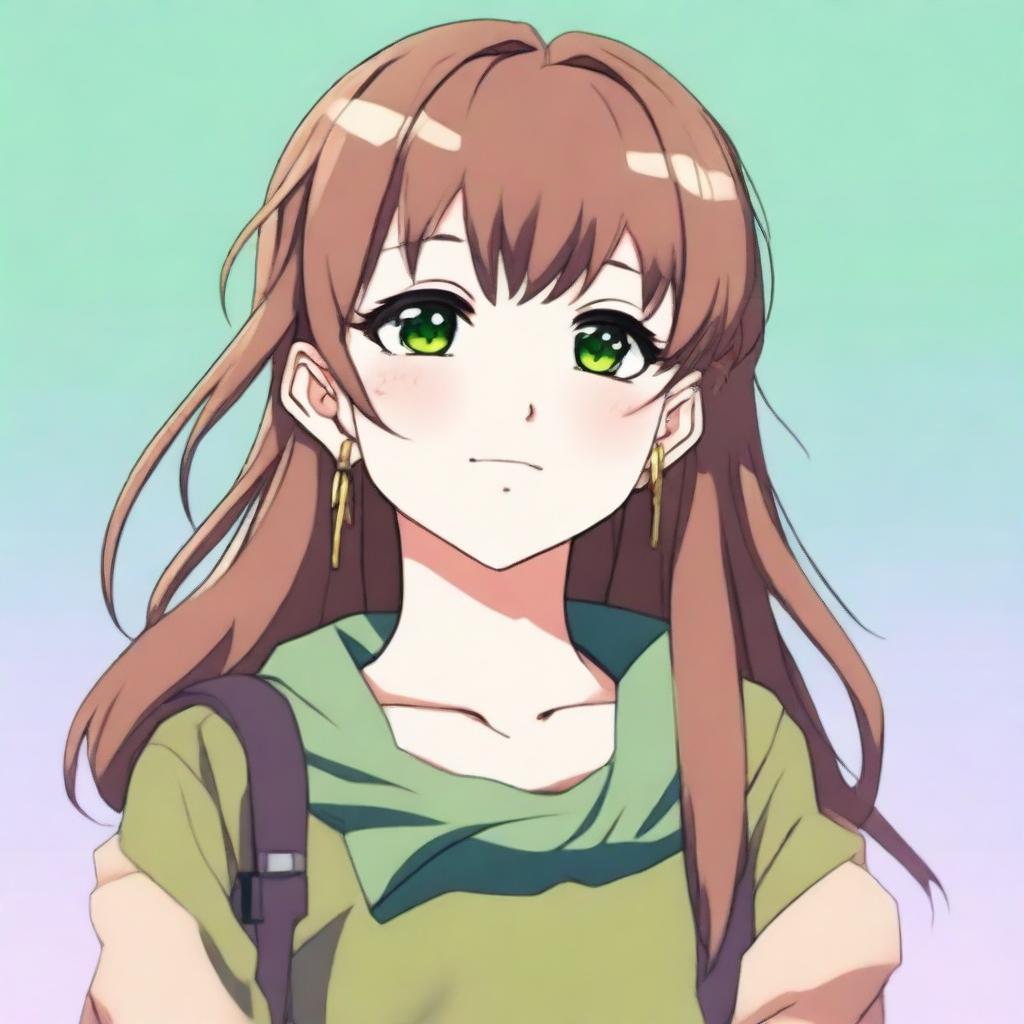 A cute 21-year-old girl with green eyes and brown hair in an anime style