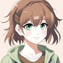 A cute 21-year-old girl with green eyes and brown hair in an anime style