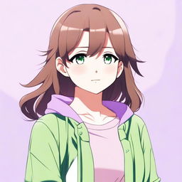 A cute 21-year-old girl with green eyes and brown, shoulder-length hair in an anime style