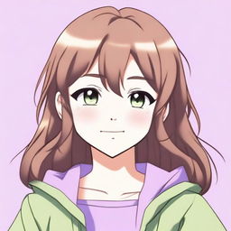 A cute 21-year-old girl with green eyes and brown, shoulder-length hair in an anime style