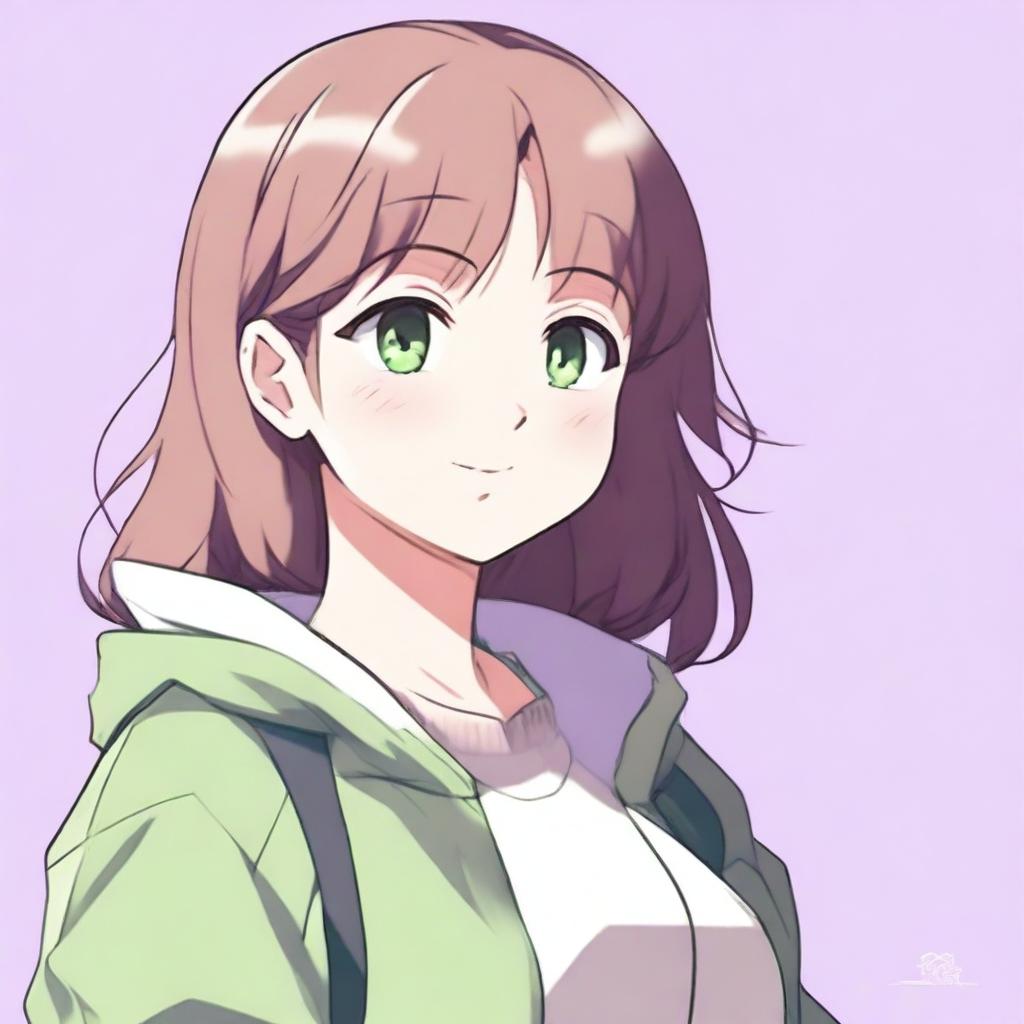 A cute 21-year-old girl with green eyes and brown, shoulder-length hair in an anime style