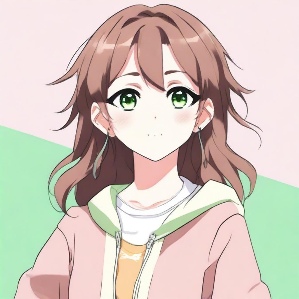 A cute 21-year-old girl with green eyes and brown hair in an anime style