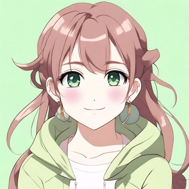 A cute 21-year-old girl with green eyes and brown hair in an anime style