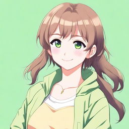 A cute 21-year-old girl with green eyes and brown hair in an anime style