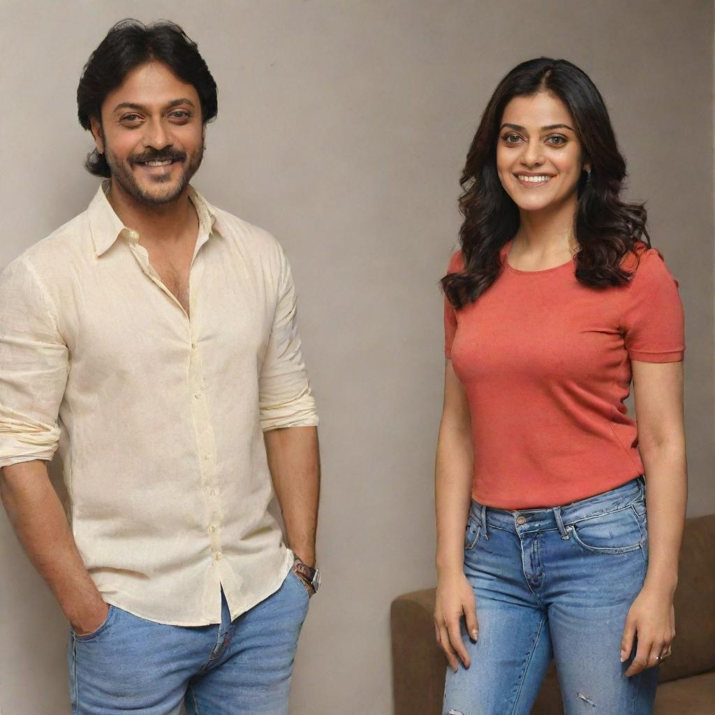 Kajol Agarwal and Kiccha Sudeepa standing together in a casual yet stylish setting, both of them presenting confident smiles.