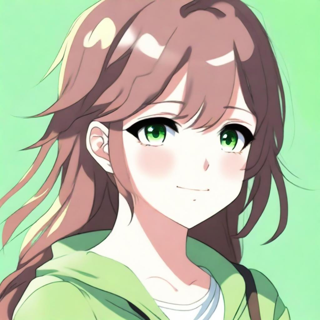 A cute 21-year-old girl with brown hair and green eyes in an anime style