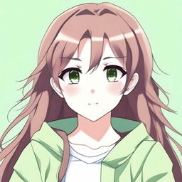 A cute 21-year-old girl with brown hair and green eyes in an anime style