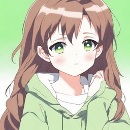 A cute 21-year-old girl with brown hair and green eyes in an anime style