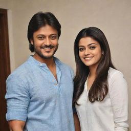 Kajol Agarwal and Kiccha Sudeepa standing together in a casual yet stylish setting, both of them presenting confident smiles.