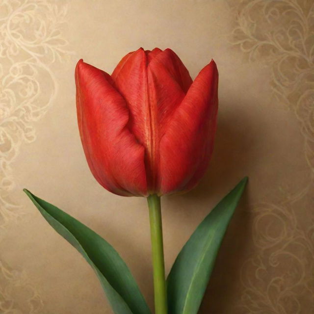 A vivid red open tulip with intricately embroidered leaves, the flower center glowing with golden hues set against a rich golden wallpaper background