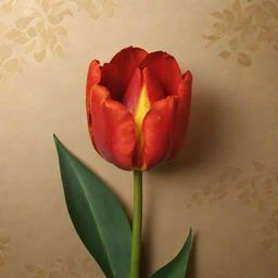 A vivid red open tulip with intricately embroidered leaves, the flower center glowing with golden hues set against a rich golden wallpaper background