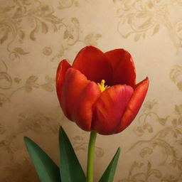 A vivid red open tulip with intricately embroidered leaves, the flower center glowing with golden hues set against a rich golden wallpaper background